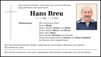 Traueranzeige von Hans Breu von Mittelbayerische Zeitung Regensburg