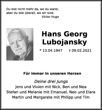 Traueranzeige von Hans Georg Lubojansky von Mittelbayerische Zeitung Regensburg