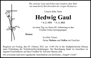 Traueranzeige von Hedwig Gaul von Mittelbayerische Zeitung Regensburg