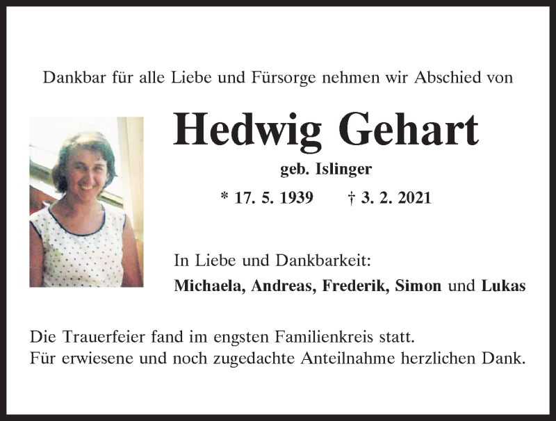  Traueranzeige für Hedwig Gehart vom 13.02.2021 aus Mittelbayerische Zeitung Regensburg
