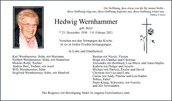 Traueranzeige von Hedwig Wernhammer von Neumarkter Tagblatt