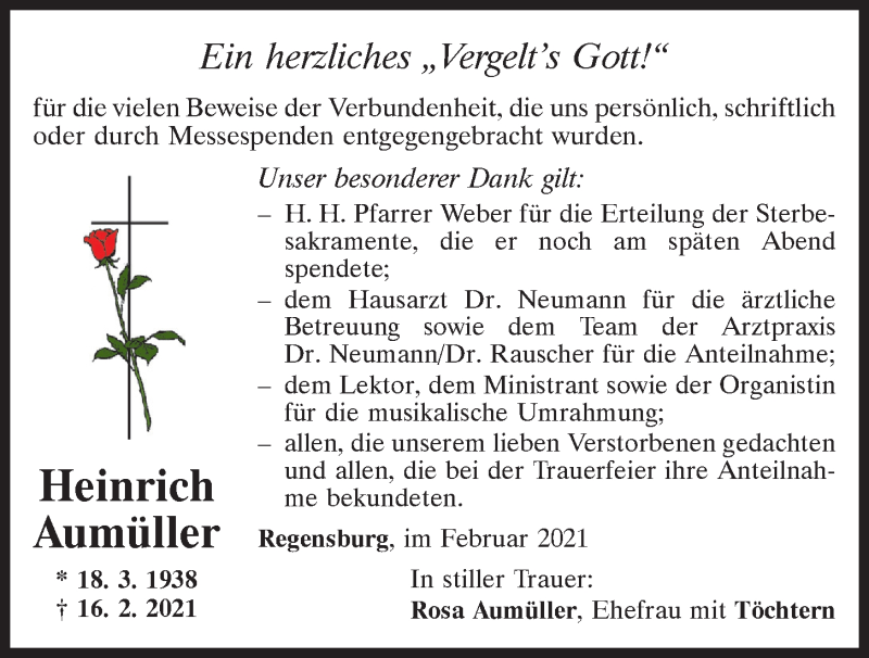 Traueranzeige für Heinrich Aumüller vom 27.02.2021 aus Mittelbayerische Zeitung Regensburg