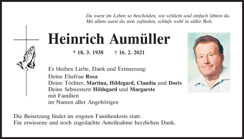  Traueranzeige für Heinrich Aumüller vom 20.02.2021 aus Mittelbayerische Zeitung Regensburg