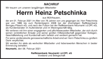 Traueranzeige von Heinz Petschinka von Neumarkter Tagblatt