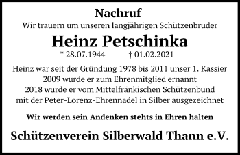 Traueranzeige von Heinz Petschinka von Neumarkter Tagblatt