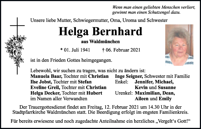  Traueranzeige für Helga Bernhard vom 10.02.2021 aus Bayerwald Echo