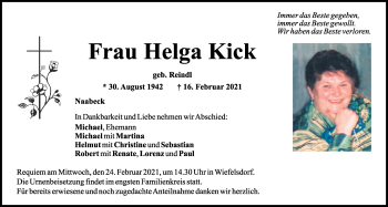 Traueranzeige von Helga Kick von Mittelbayerische Zeitung Schwandorf