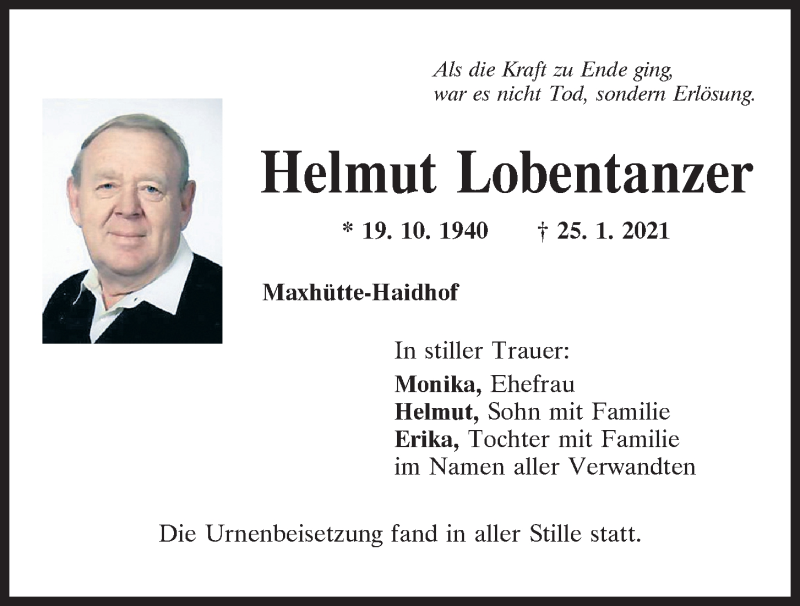  Traueranzeige für Helmut Lobentanzer vom 06.02.2021 aus Mittelbayerische Zeitung Schwandorf