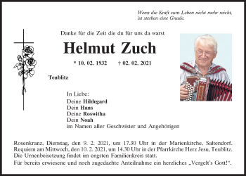 Traueranzeige von Helmut Zuch von Mittelbayerische Zeitung Schwandorf