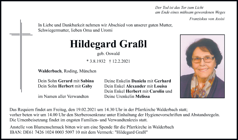  Traueranzeige für Hildegard Graßl vom 16.02.2021 aus Bayerwald Echo