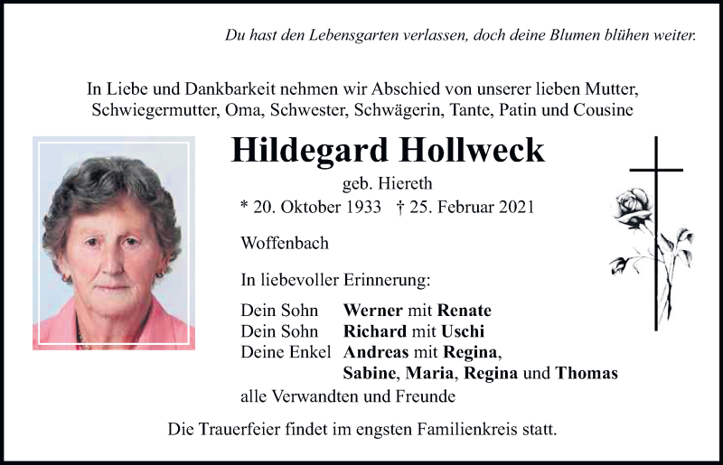  Traueranzeige für Hildegard Hollweck vom 26.02.2021 aus Neumarkter Tagblatt