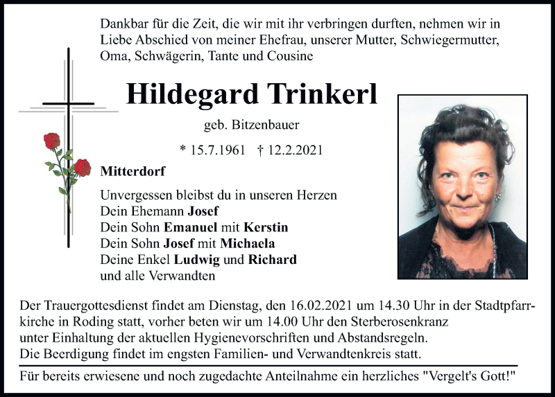  Traueranzeige für Hildegard Trinkerl vom 13.02.2021 aus Bayerwald Echo