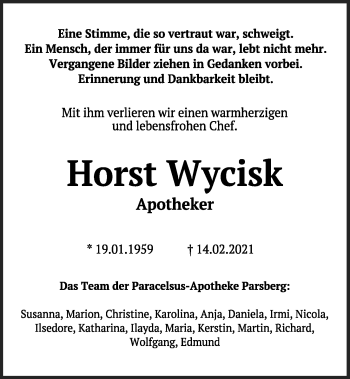 Traueranzeige von Horst Wycisk von Neumarkter Tagblatt