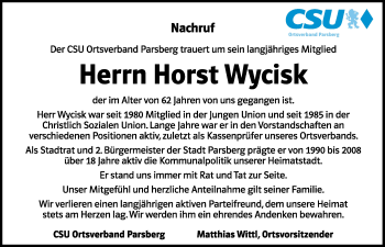 Traueranzeige von Horst Wycisk von Neumarkter Tagblatt