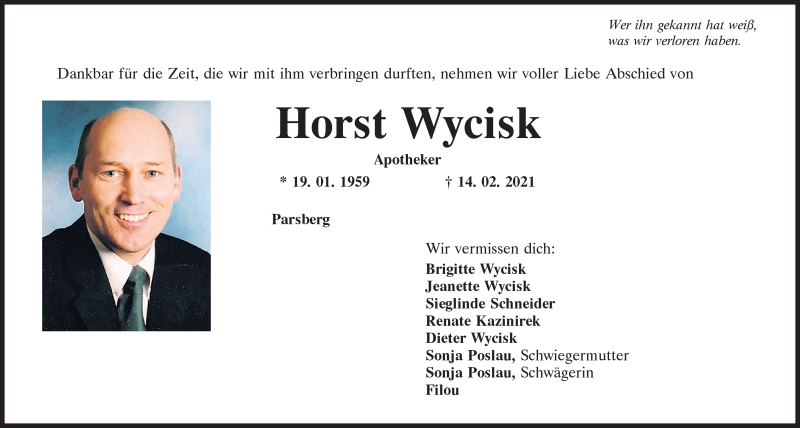  Traueranzeige für Horst Wycisk vom 20.02.2021 aus Neumarkter Tagblatt
