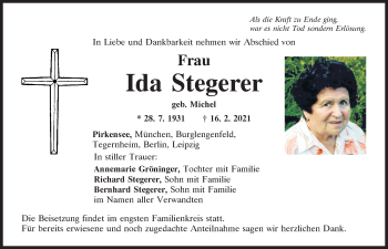 Traueranzeige von Ida Stegerer von Mittelbayerische Zeitung Schwandorf