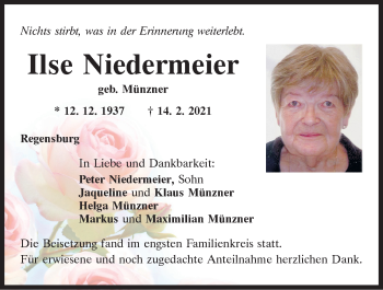 Traueranzeige von Ilse Niedermeier von Mittelbayerische Zeitung Regensburg