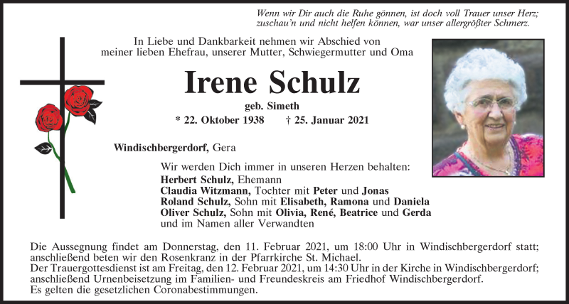  Traueranzeige für Irene Schulz vom 10.02.2021 aus Bayerwald Echo