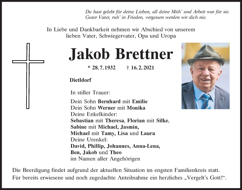  Traueranzeige für Jakob Brettner vom 18.02.2021 aus Mittelbayerische Zeitung Schwandorf