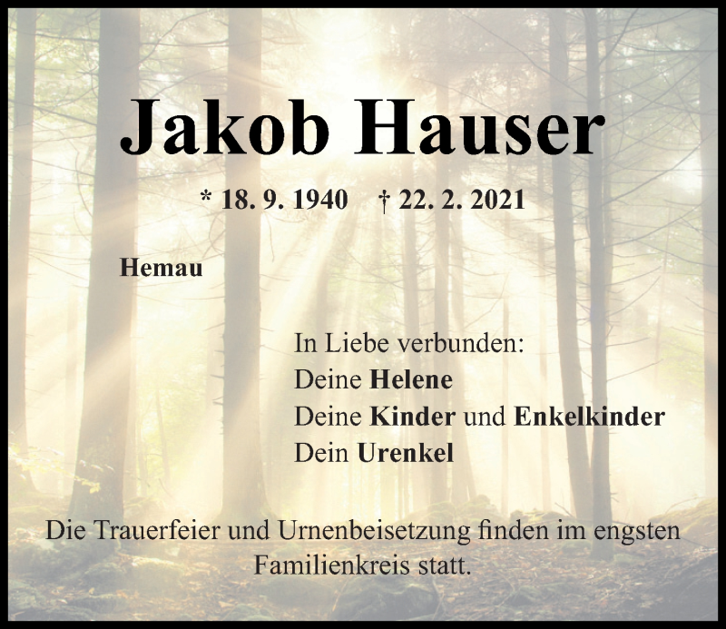  Traueranzeige für Jakob Hauser vom 25.02.2021 aus Mittelbayerische Zeitung Regensburg