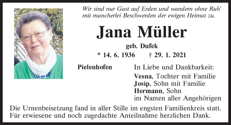  Traueranzeige für Jana Müller vom 13.02.2021 aus Mittelbayerische Zeitung Regensburg