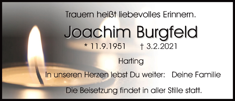  Traueranzeige für Joachim Burgfeld vom 06.02.2021 aus Mittelbayerische Zeitung Regensburg