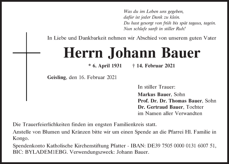  Traueranzeige für Johann Bauer vom 16.02.2021 aus Mittelbayerische Zeitung Regensburg