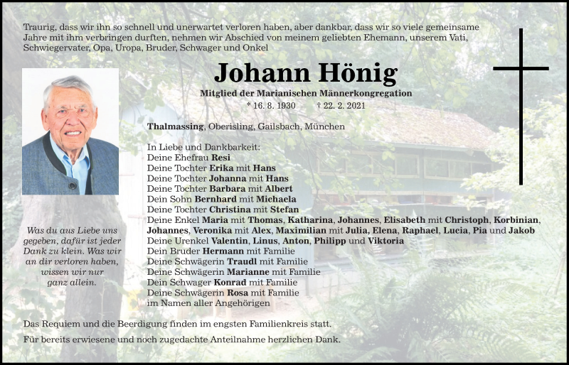  Traueranzeige für Johann Hönig vom 24.02.2021 aus Mittelbayerische Zeitung Regensburg