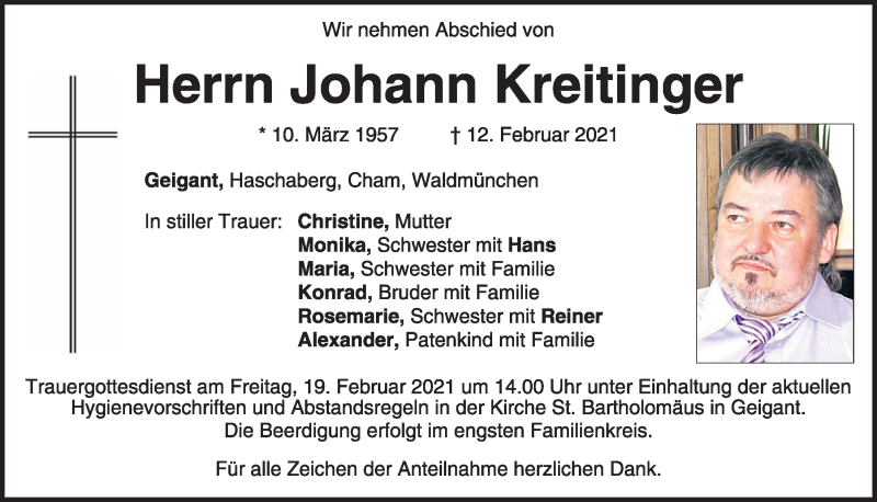  Traueranzeige für Johann Kreitinger vom 17.02.2021 aus Bayerwald Echo