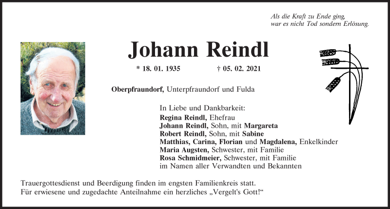  Traueranzeige für Johann Reindl vom 09.02.2021 aus Mittelbayerische Zeitung Regensburg
