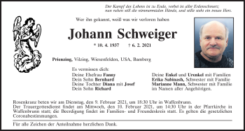 Traueranzeige von Johann Schweiger von Bayerwald Echo
