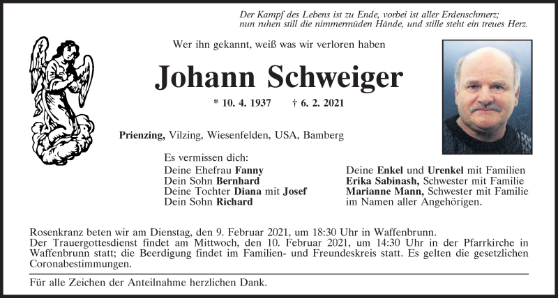  Traueranzeige für Johann Schweiger vom 09.02.2021 aus Bayerwald Echo