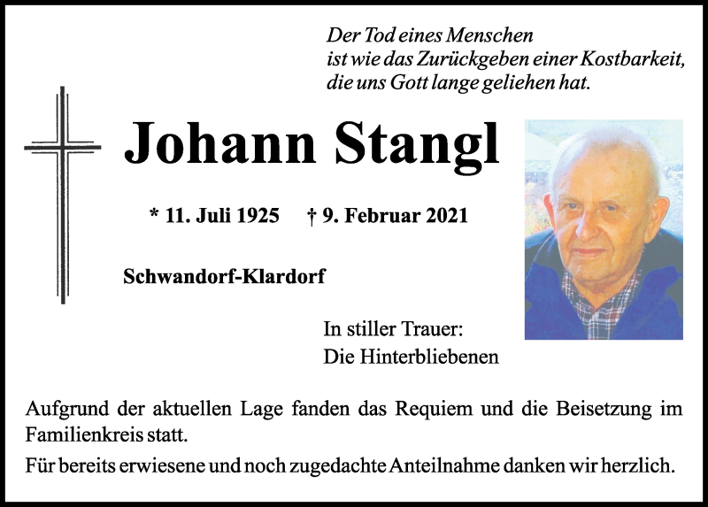  Traueranzeige für Johann Stangl vom 13.02.2021 aus Mittelbayerische Zeitung Schwandorf