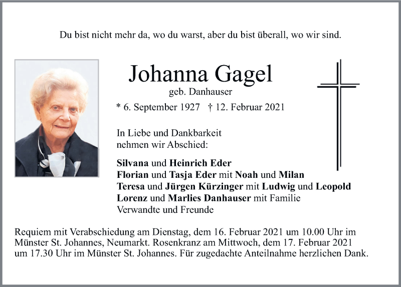  Traueranzeige für Johanna Gagel vom 13.02.2021 aus Neumarkter Tagblatt