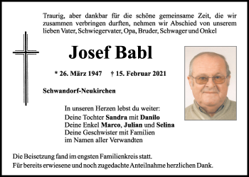 Traueranzeige von Josef Babl von Mittelbayerische Zeitung Schwandorf