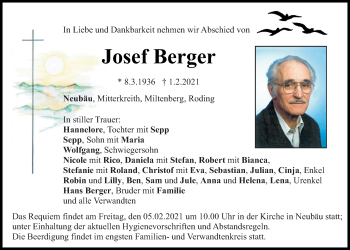 Traueranzeige von Josef Berger von Bayerwald Echo