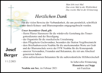 Traueranzeige von Josef Berger von Bayerwald Echo