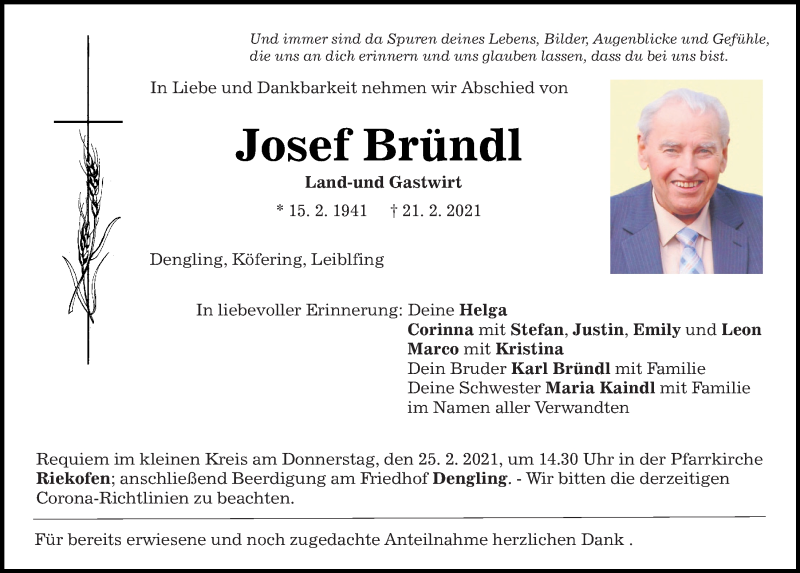 Traueranzeige für Josef Bründl vom 23.02.2021 aus Mittelbayerische Zeitung Regensburg