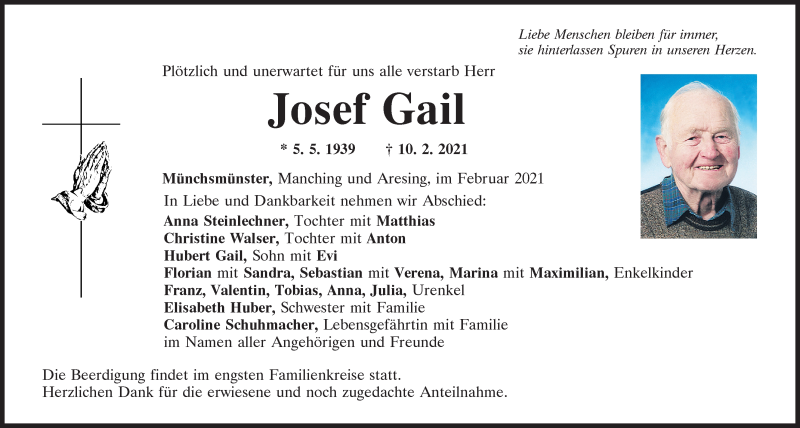  Traueranzeige für Josef Gail vom 13.02.2021 aus Mittelbayerische Zeitung Kelheim