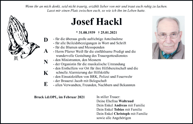  Traueranzeige für Josef Hackl vom 13.02.2021 aus Mittelbayerische Zeitung Regensburg