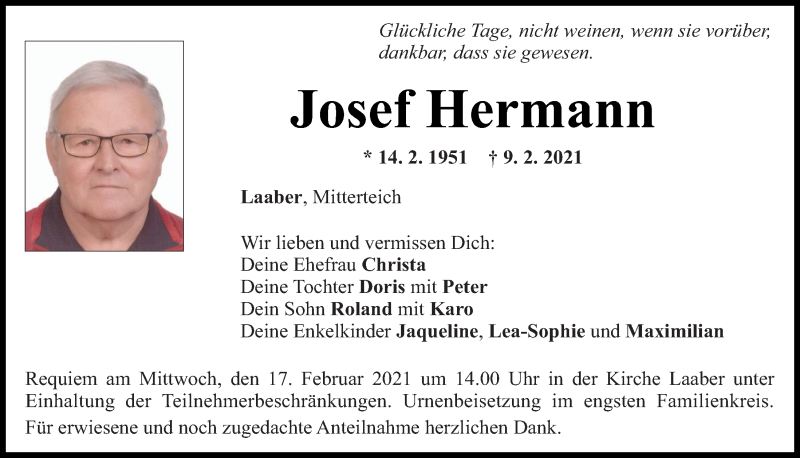  Traueranzeige für Josef Hermann vom 13.02.2021 aus Mittelbayerische Zeitung Regensburg