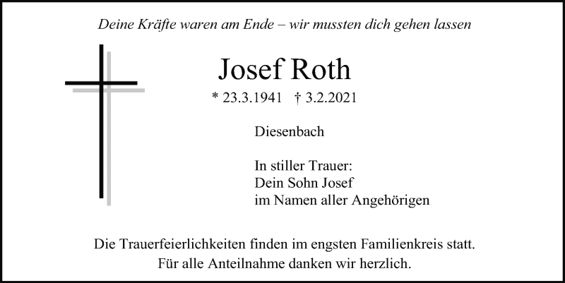  Traueranzeige für Josef Roth vom 10.02.2021 aus Mittelbayerische Zeitung Regensburg