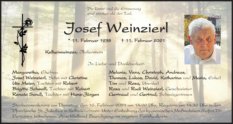  Traueranzeige für Josef Weinzierl vom 13.02.2021 aus Mittelbayerische Zeitung Kelheim