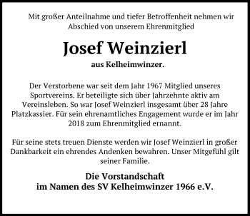 Traueranzeige von Josef Weinzierl von Mittelbayerische Zeitung Kelheim