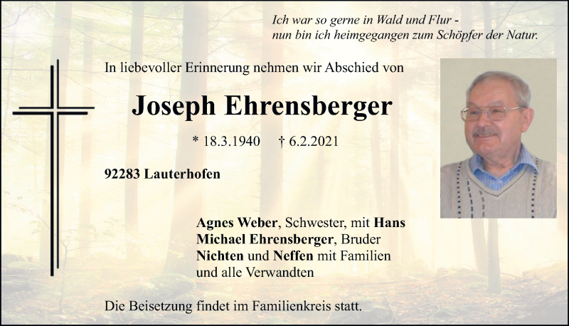  Traueranzeige für Joseph Ehrensberger vom 09.02.2021 aus Neumarkter Tagblatt