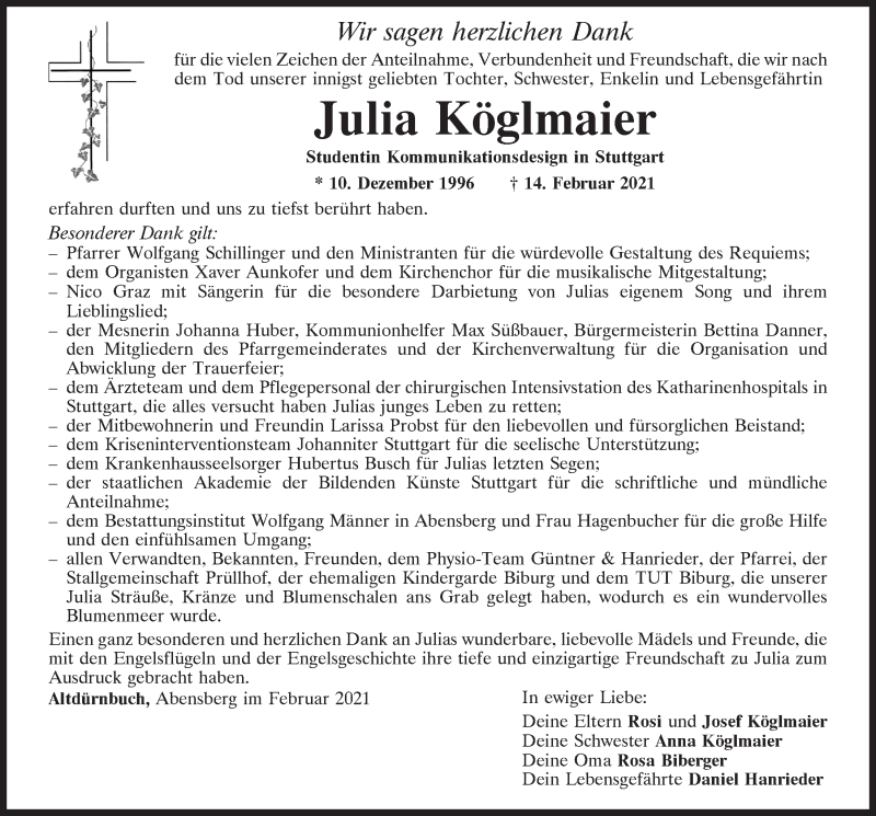  Traueranzeige für Julia Köglmaier vom 27.02.2021 aus Mittelbayerische Zeitung Kelheim