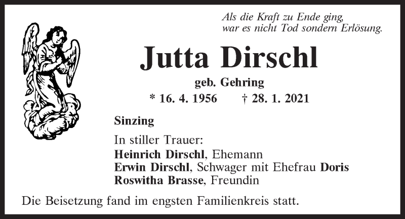  Traueranzeige für Jutta Dirschl vom 09.02.2021 aus Mittelbayerische Zeitung Regensburg