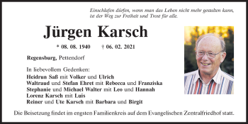 Traueranzeige von Jürgen Karsch von Mittelbayerische Zeitung Regensburg
