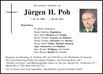 Traueranzeige von Jürgen H. Poh von Mittelbayerische Zeitung Regensburg