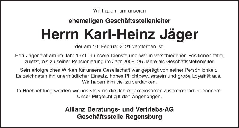  Traueranzeige für Karl-Heinz Jäger vom 27.02.2021 aus Mittelbayerische Zeitung Regensburg